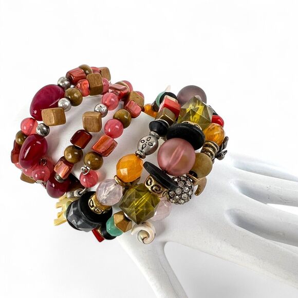 Bracelet Lot 6 Wire Coil Wrap Beaded Iridescent Colorful Charms Rhinestones - Picture 6 of 13